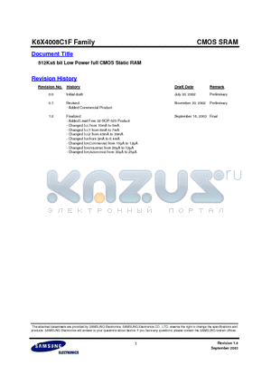 K6X4008C1F-GB70 datasheet - 512Kx8 bit Low Power full CMOS Static RAM