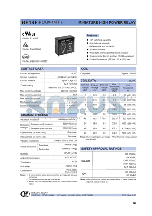 HF14FF/003-1ZSFXXX datasheet - MINIATURE HIGH POWER RELAY