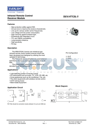 IRM-8752K-5 datasheet - Infrared Remote Control Receiver Module