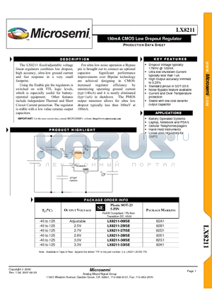 LX8211-00ISE-TR datasheet - 150mA CMOS Low Dropout Regulator