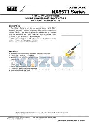 NX8571SC6087D-BA datasheet - 1550 nm CW LIGHT SOURCE InGaAsP MQW-DFB LASER DIODE MODULE WITH WAVELENGTH MONITOR