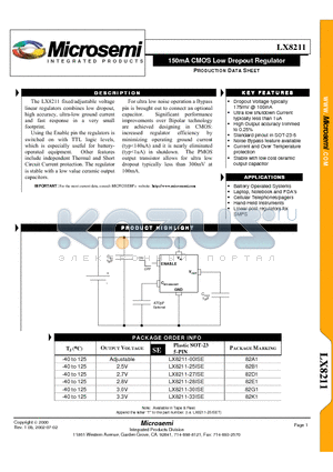 LX8211-30ISE datasheet - 150mA CMOS Low Dropout Regulator