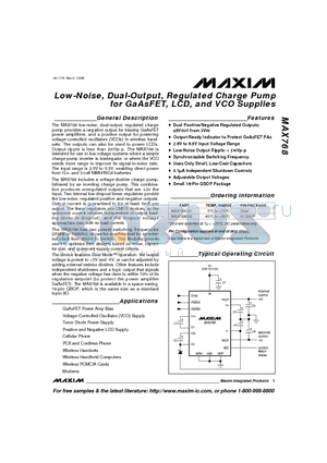 MAX768 datasheet - Low-Noise, Dual-Output, Regulated Charge Pump for GaAsFET, LCD, and VCO Supplies