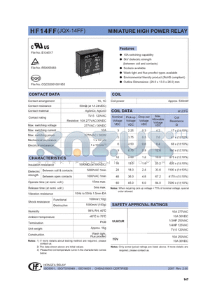 HF14FF/012-1ZTFXXX datasheet - MINIATURE HIGH POWER RELAY