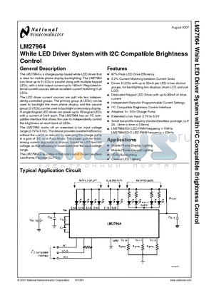 LM27964SQX-C datasheet - White LED Driver System with I2C Compatible Brightness Control