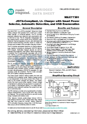 MAX77301 datasheet - JEITA-Compliant, Li Charger with Smart Power Selector, Automatic Detection