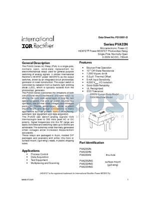 PVA3324N datasheet - Microelectronic Power IC HEXFET Power MOSFET Photovoltaic Relay Single-Pole, Normally-Open 0-300V AC/DC, 150mA