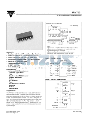 IRM7001 datasheet - SIR Modulator/Demodulator