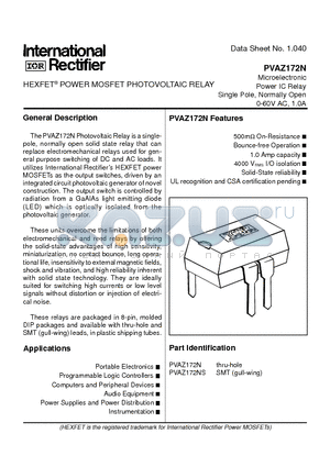PVAZ172 datasheet - POWER MOSFET PHOTOVOLTAIC RELAY Microelectronic Power IC Relay Single Pole, Normally Open 0-60V AC, 1.0A