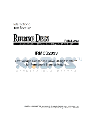 IRMCS2033 datasheet - Low Voltage Sensorless Drive Design Platform for Permanent Magnet Motors