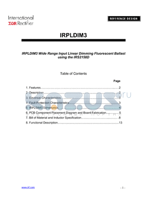 IRPLDIM3 datasheet - IRPLDIM3 Wide Range Input Linear Dimming Fluorescent Ballast using the IRS2158D