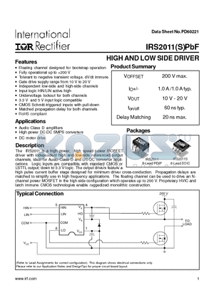 IRS2011PBF datasheet - HIGH AND LOW SIDE DRIVER
