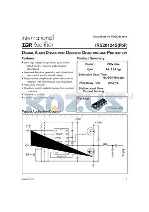 IRS20124S datasheet - DIGITAL AUDIO DRIVER WITH DISCRETE DEAD-TIME AND PROTECTION