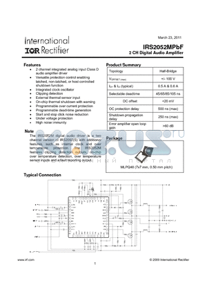 IRS2052MPBF datasheet - 2 CH Digital Audio Amplifier