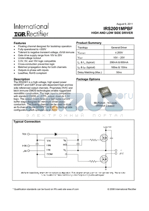 IRS2001MTRPBF datasheet - HIGH AND LOW SIDE DRIVER