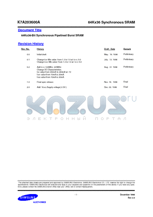 K7A203600A datasheet - 64Kx36-Bit Synchronous Pipelined Burst SRAM