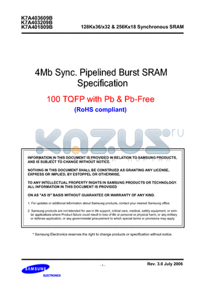 K7A401809B datasheet - 128Kx36/x32 & 256Kx18 Synchronous SRAM