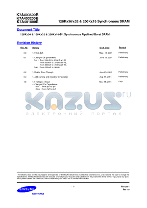 K7A401800B datasheet - 128Kx36/x32 & 256Kx18 Synchronous SRAM
