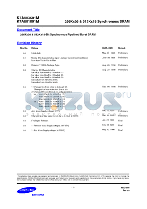 K7A801801M datasheet - 256Kx36 & 512Kx18 Synchronous SRAM