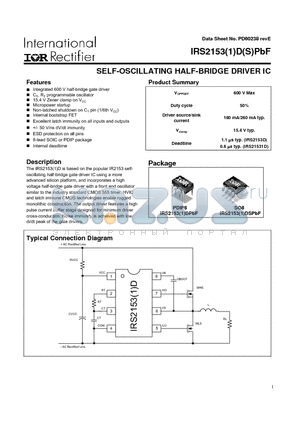 IRS2153DPBF datasheet - SELF-OSCILLATING HALF-BRIDGE DRIVER IC