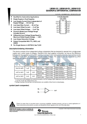 LM2901-Q1 datasheet - QUADRUPLE DIFFERENTIAL COMPARATOR