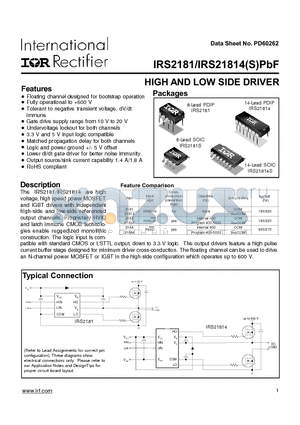 IRS21814 datasheet - HIGH AND LOW SIDE DRIVER