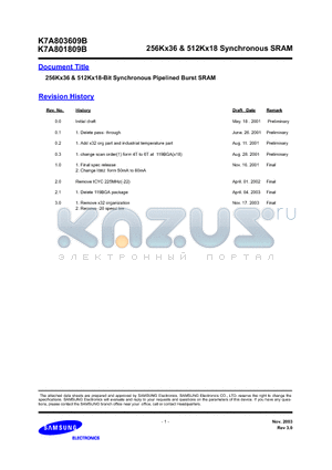 K7B803625B-QC65 datasheet - 256Kx36 & 512Kx18-Bit Synchronous Pipelined Burst SRAM
