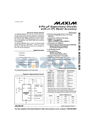 MAX801MCSA datasheet - 8-Pin lP Supervisory Circuits with a1.5eset Accuracy