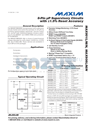 MAX801_MJA datasheet - 8-Pin uP Supervisory Circuits with a1.5% Reset Accuracy
