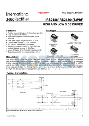IRS21864PBF datasheet - HIGH AND LOW SIDE DRIVER