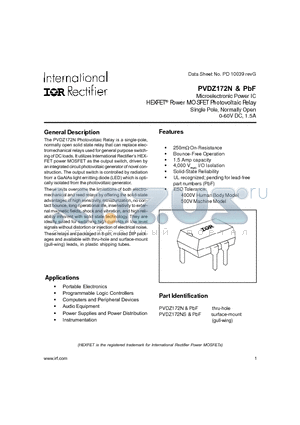 PVDZ172N datasheet - Microelectronic Power IC HEXFET Power MOSFET Photovoltaic Relay Single Pole, Normally Open 0-60V DC, 1.5A