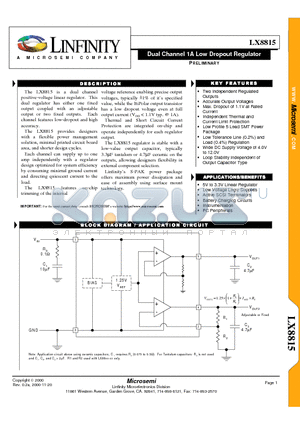 LX8815-2800CDF datasheet - Dual Channel 1A Low Dropout Regulator