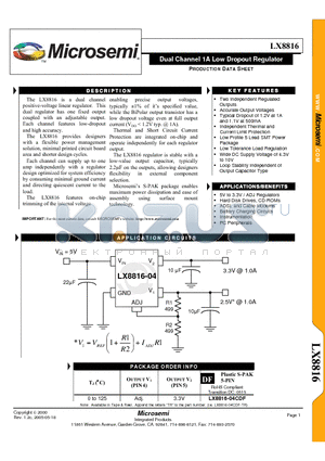 LX8816 datasheet - Dual Channel 1A Low Dropout Regulator