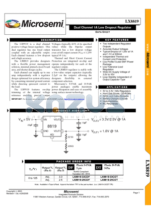 LX8819-25CDT datasheet - Dual Channel 1A Low Dropout Regulator