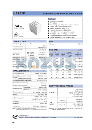 HF152F/009-1HSGQXXX datasheet - SUBMINIATURE HIGH POWER RELAY