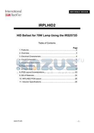 IRS2573D datasheet - HID Ballast for 70W Lamp Using the IRS2573D