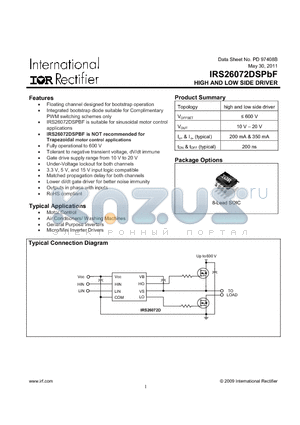 IRS26072DSPBF datasheet - HIGH AND LOW SIDE DRIVER