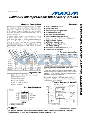 MAX804_C/D datasheet - 3.0V/3.3V Microprocessor Supervisory Circuits