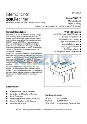PVG612 datasheet - Power MOSFET Photovoltaic Relay Microelectronic Power IC Relay Single Pole, Normally Open, 0-60V, 1.0A AC/ 2.0 A DC