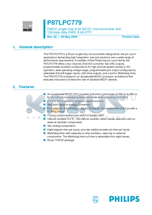 P87LPC779FDH datasheet - CMOS single-chip 8-bit 80C51 microcontroller with 128-byte data RAM, 8 kB OTP