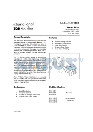 PVI1050NS datasheet - Photovoltaic Isolator Single and Dual Channel 5-10 Volt Output