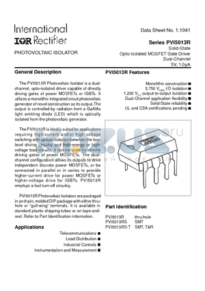 PVI5013R datasheet - PHOTOVOLTAIC ISOLATOR Solid-State Opto-Isolated MOSFET Gate Driver Dual-Channel 5V, 1.0mA