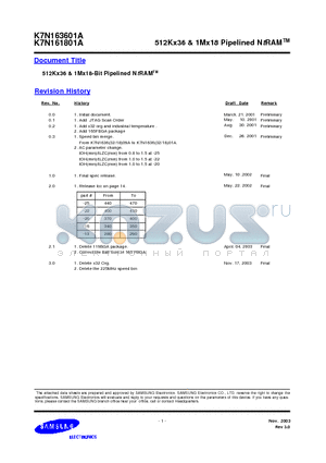 K7M161825A-QCI65/75 datasheet - 512Kx36 & 1Mx18 Pipelined NtRAM