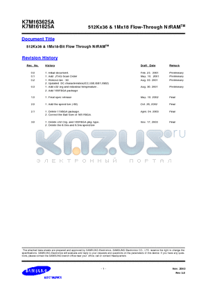 K7M163625A-QI65 datasheet - 512Kx36 & 1Mx18-Bit Flow Through NtRAM