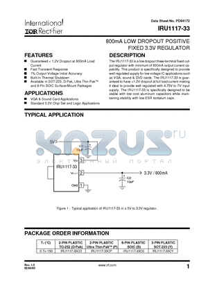 IRU1117-33 datasheet - 800mA LOW DROPOUT POSITIVE FIXED 3.3V REGULATOR