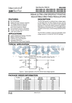 IRU1205-18 datasheet - 300mA ULTRA LOW DROPOUT POSITIVE ADJUSTABLE AND FIXED REGULATORS