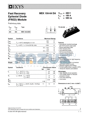 MEK150-04DA datasheet - Fast Recovery Epitaxial Diode (FRED) Module