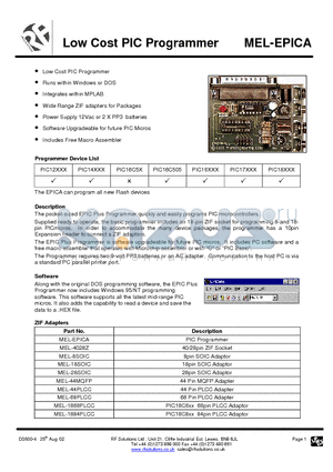 MEL-EPICA datasheet - Low Cost PIC Programmer