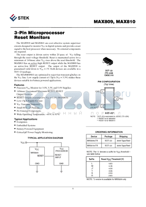 MAX809 datasheet - 3-PIN MICROPROCESSOR RESET MONITORS