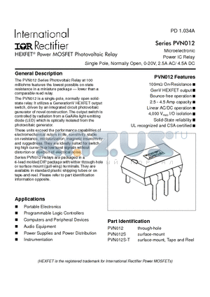 PVN012 datasheet - Power MOSFET Photovoltaic Relay Microelectronic Power IC Relay Single Pole, Normally Open, 0-20V, 2.5A AC/ 4.5A DC